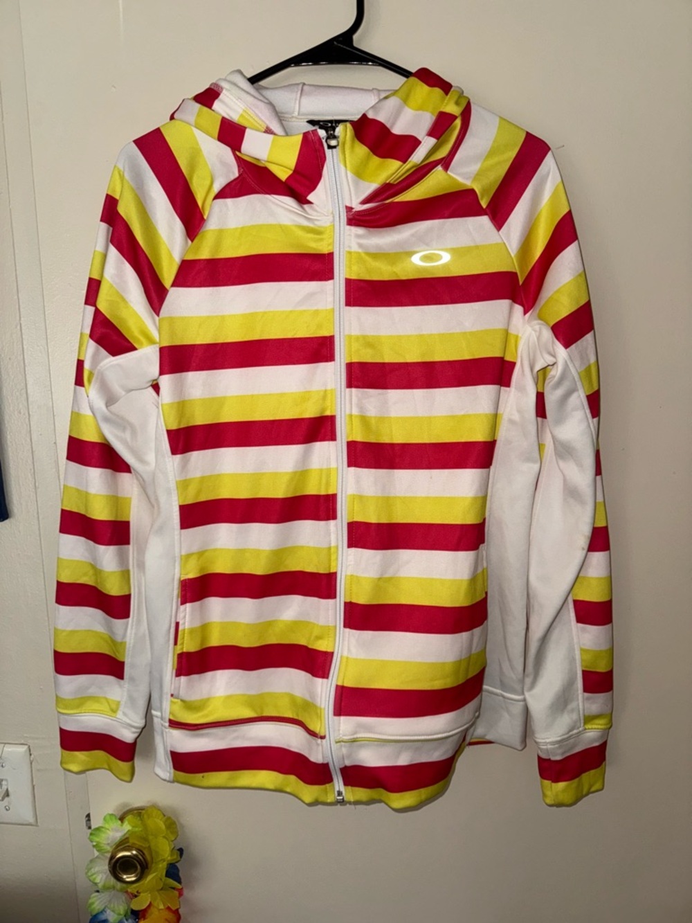 NWOT Oakley Striped Hooded Zip Jacket - White, Red & Yellow